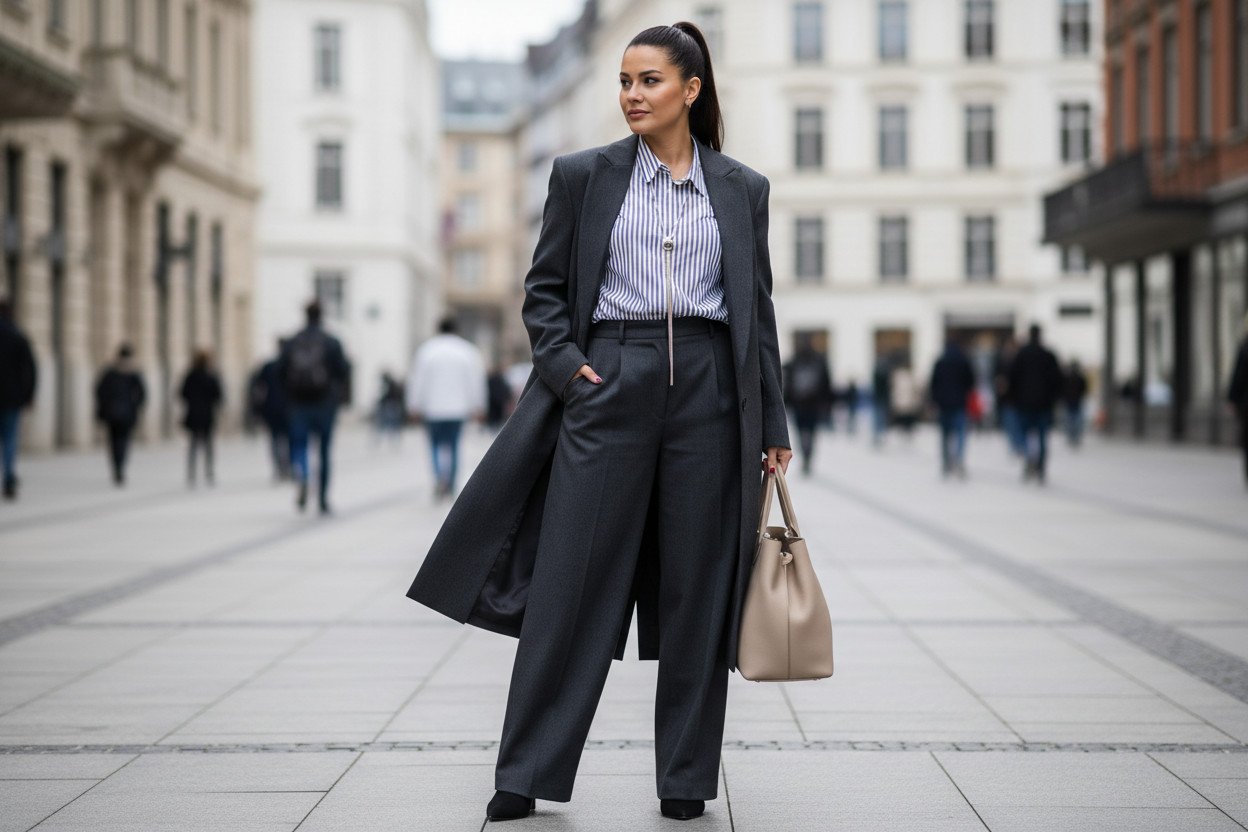 Moda oversize damska przy sylwetce jabłka — optyczne wydłużenie